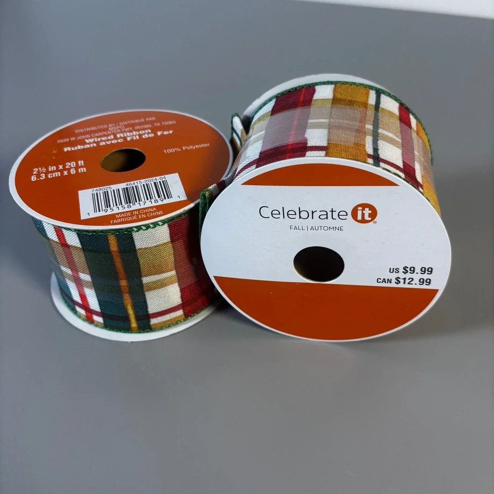 Celebrate It Fall Plaid Wired Ribbon‎ 2.5 Inch Wide 20 Ft Spool Autumn Decor